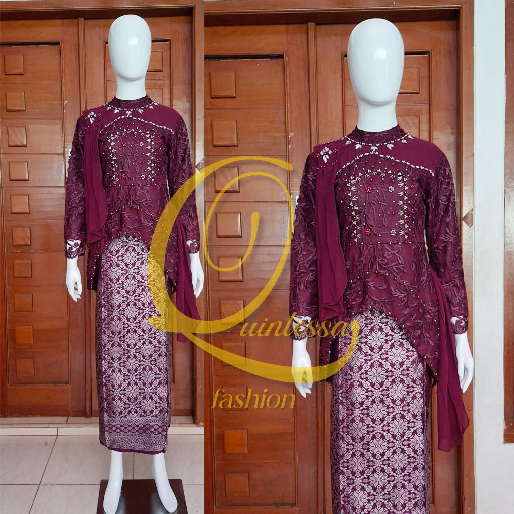 Setelan Kebaya Selendang Model Aluna / Kebaya Brokat Payet Modern / Kebaya Kutubaru Selendang Dewasa