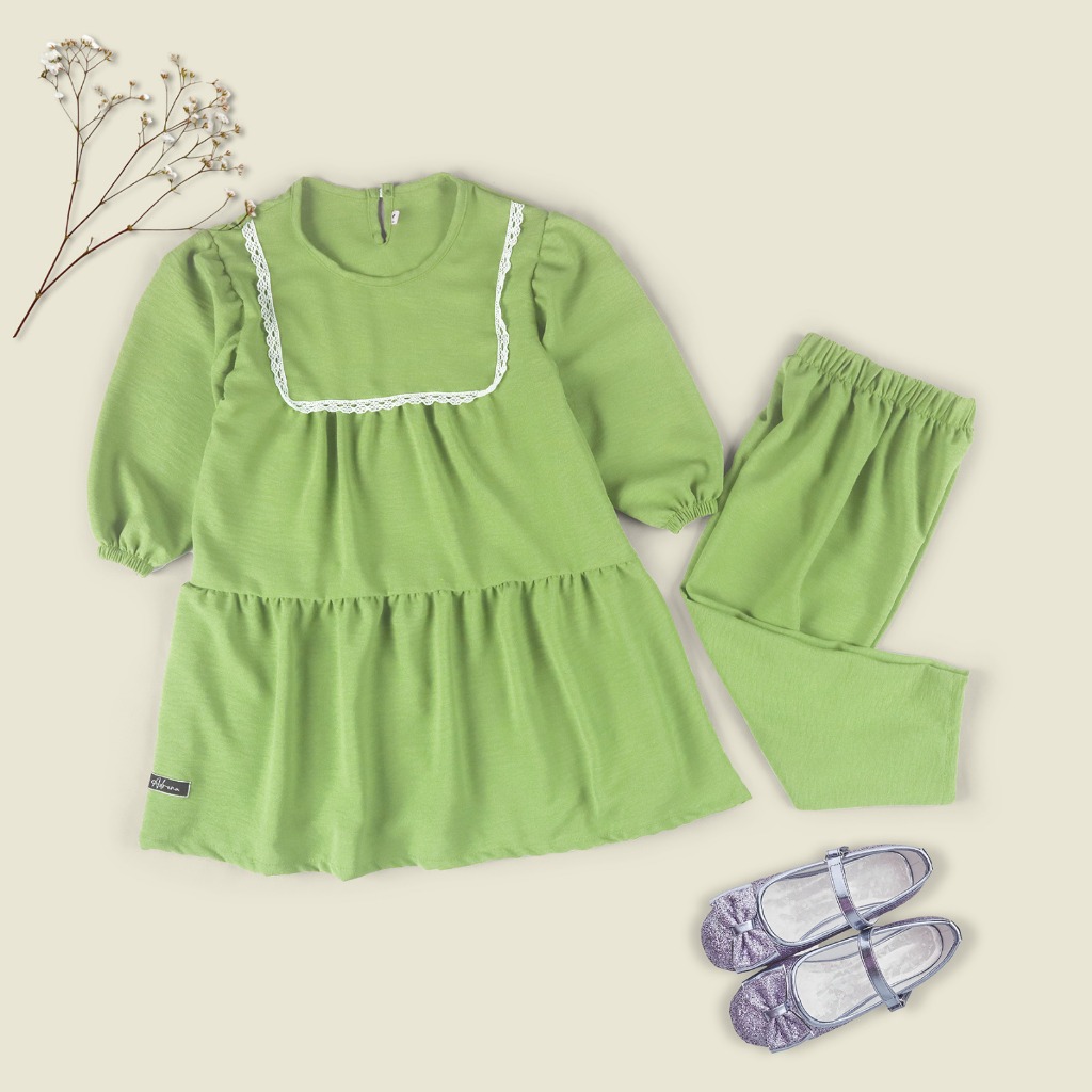 Set Dress Gaun Anak Perempuan 3-8 tahun Valeeqa Premium Crinkle Daily Hijau Sage Green