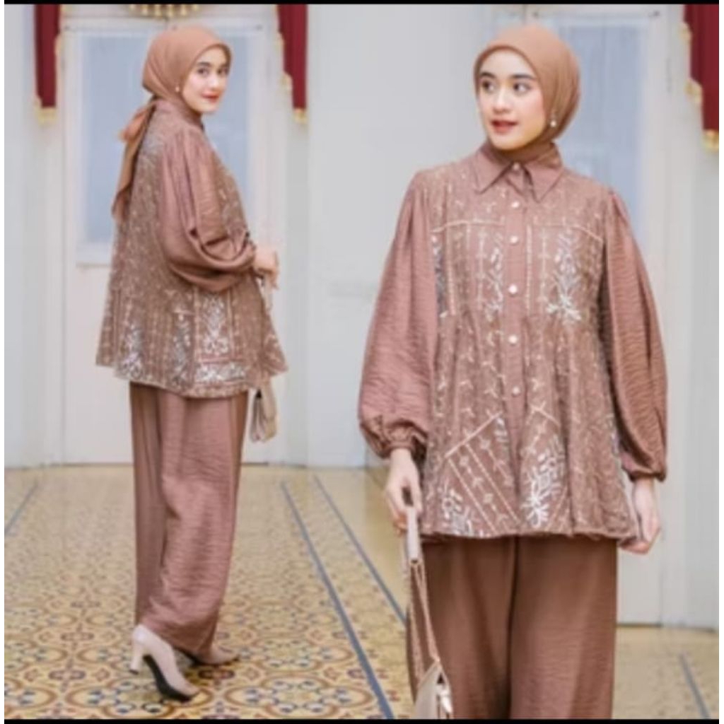 SETELAN CRINKLE MIX BURKAT/setelan wanita dewasa bahan crinkle mix burkat/setelan baju dan celana ld