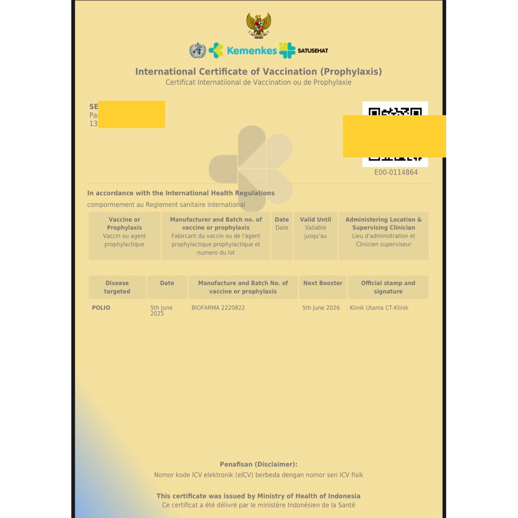 

meningitis dan polio untuk dokumen perjalanan luar negeri atau umrah