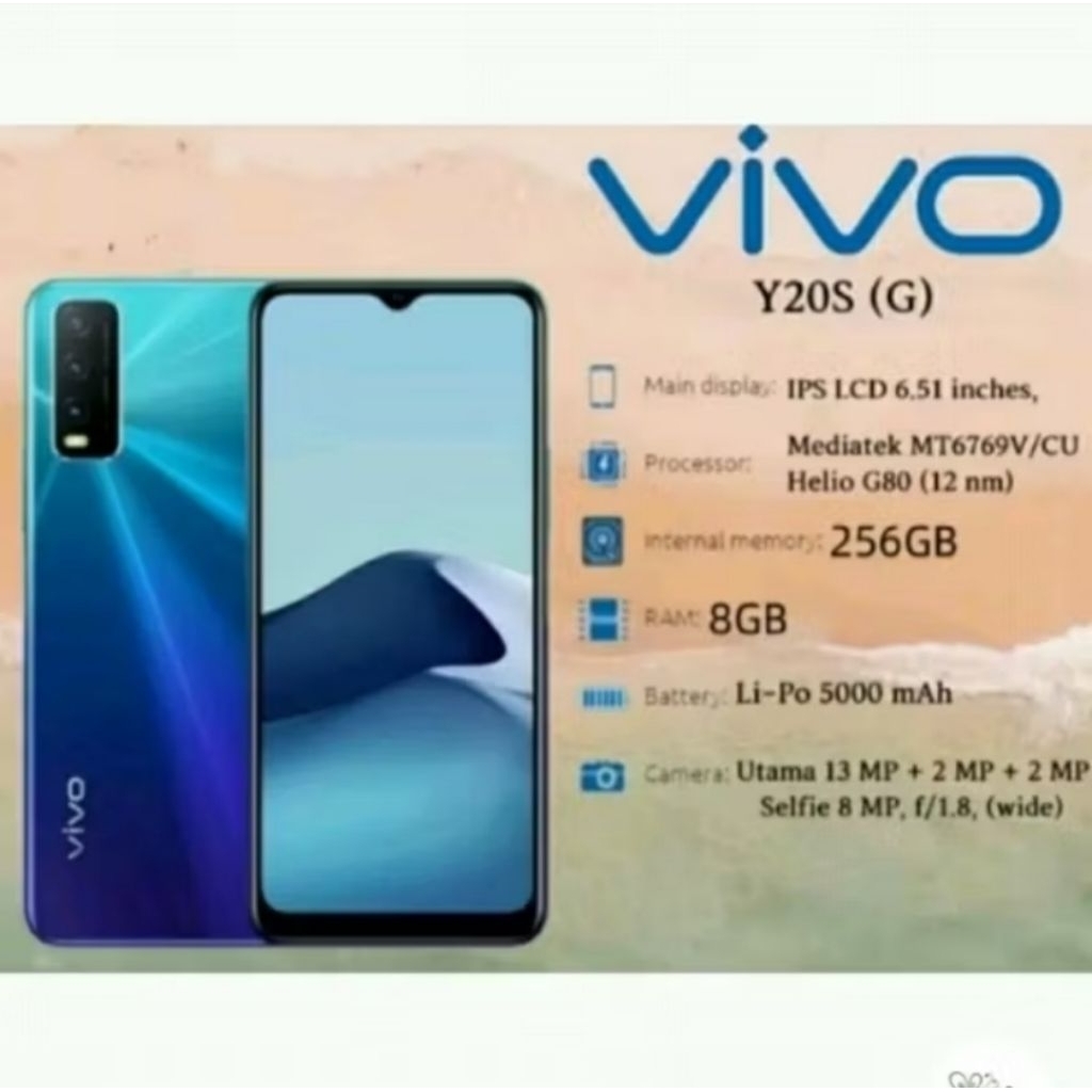 HP VIVO Y20s RAM 8GB/256GB HP Murah Android, Layar 6.51" HD, Baterai 5000mAh Handphone