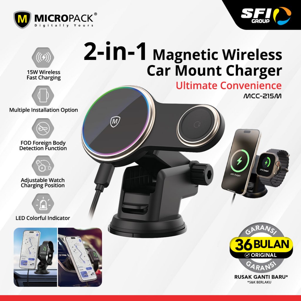 MICROPACK- MAGNETIC CAR CHARGER + WATCH CHARGER - BLACK (MCC-215M-BK)