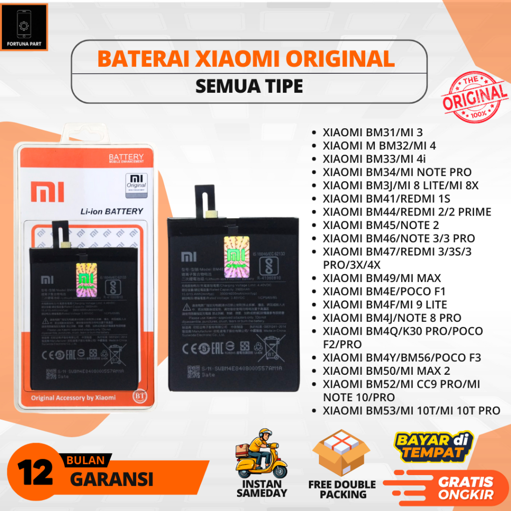 BATERAI XIAOMI/BATRE HP XIAOMI MI 3/MI 4/MI 4i/MI NOTE PRO/MI 8 LITE/MI 8X/REDMI 1S/REDMI 2/2 PRIME/