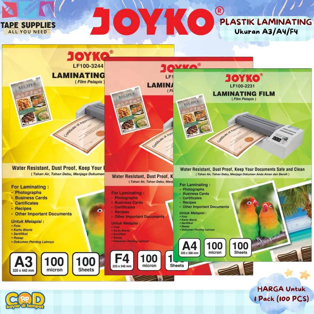 

(100 LEMBAR) Plastik Laminating JOYKO A3 A4 F4 100 Micron 100 Lembar Film Laminating Anti Air & Debu | Laminating Ijazah Sertifikat