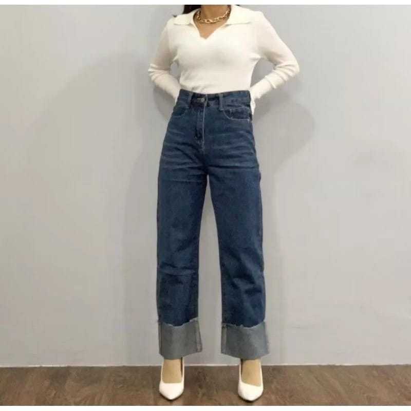 Celana Panjang Jeans Highwaist Wanita Kulot Lipat Celana Jeans E21 WanitaCelana Jeans Kulot Lipat Ba