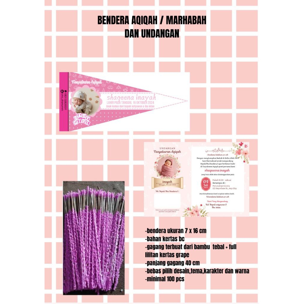 Undangan & Bendera Aqiqah / Tasyakuran Anak - Custom Nama & Desain