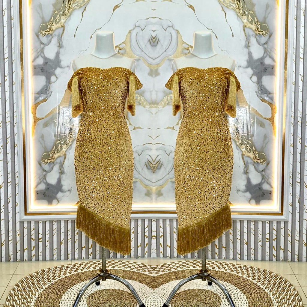 REVALINA-0004 || Dress Pesta Bludru Squin Mewah Kombinasi rumbai || Dress wanita mewah cantik || Gau