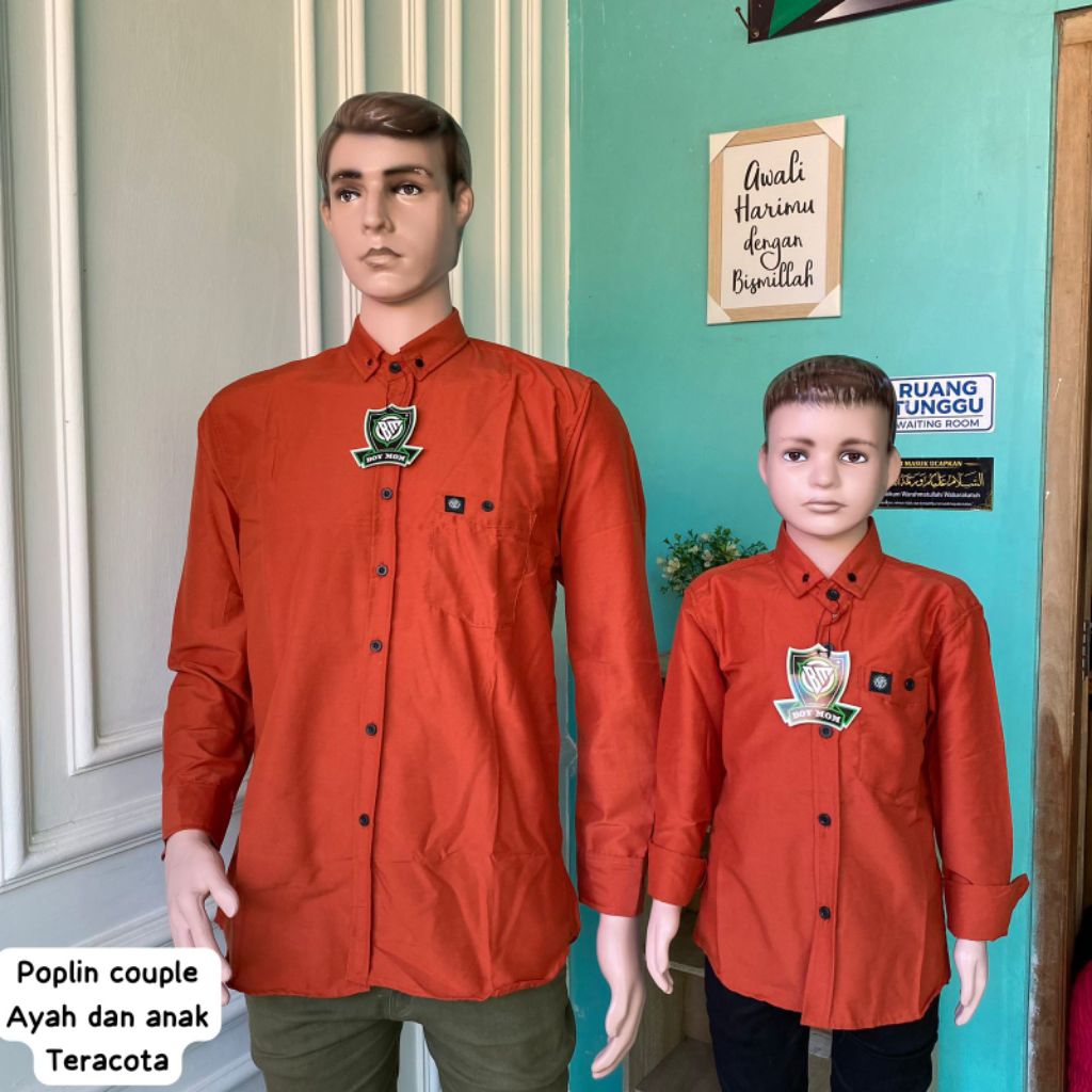 Kemeja Polos Ayah Dan Anak Lengan Panjang Warna Teracota Bahan Katun Poplin