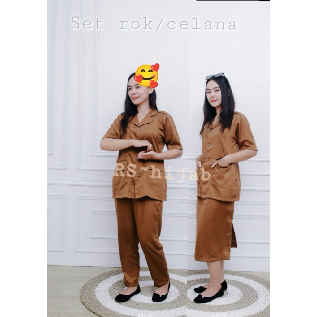 seragam kerja Pemda/PDH/PNS wanita set celana/rok pendek lengan pendek khaki tua