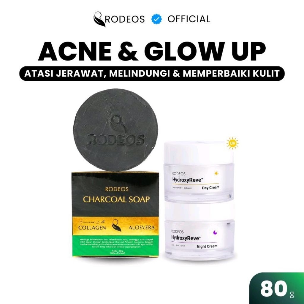 RODEOS 3IN1 ACNE & GLOW-UP - Charcoal Soap 80G + Day Cream + Night Cream | Glowing, SPF 40, Mencerah