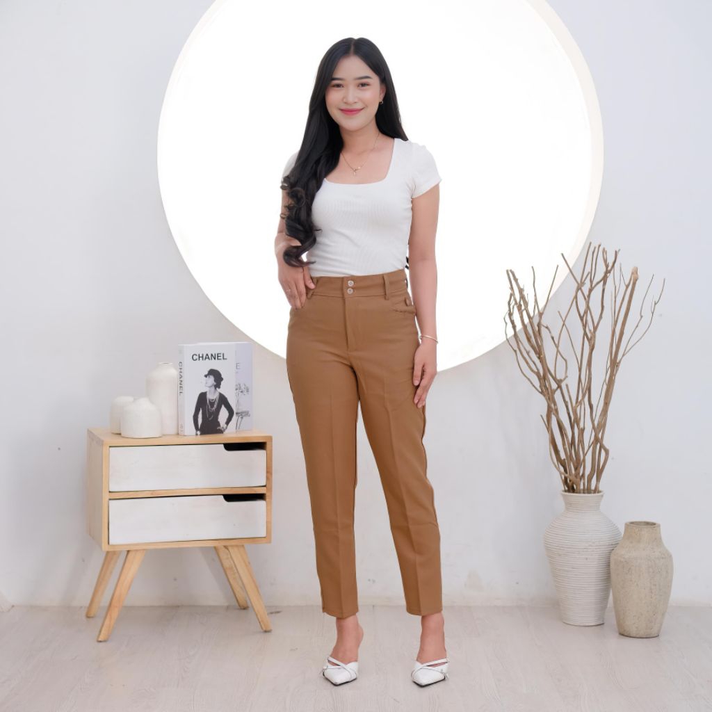 celana kerja wanita bahan kantor panjang slimfit highwaist jumbo & big size semi wooll