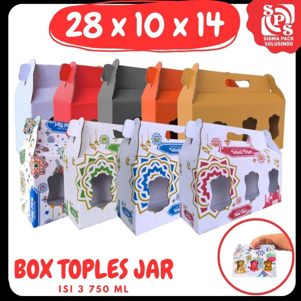 

Box Kuker 28x10x14 Jinjing (TOPLES JAR 750ml Isi 3) Kardus Kue Kering Hampers Idul Fitri Gable Box
