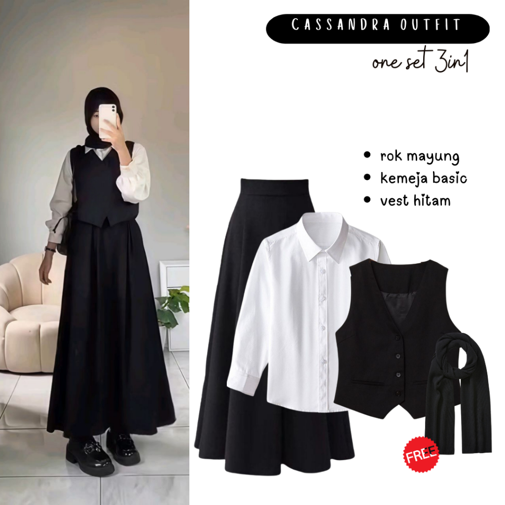 One Set Outfit Kekinian | Kemeja Basic Putih, Rok Mayung Hitam, Vest Hitam - FC23
