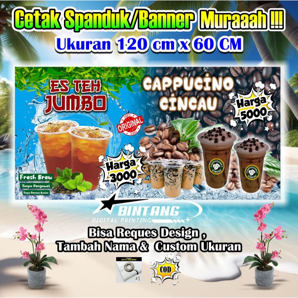 Spanduk Banner Es Teh Jumbo & Cappucino Cincau Ukuran 120 cm x 60 cm