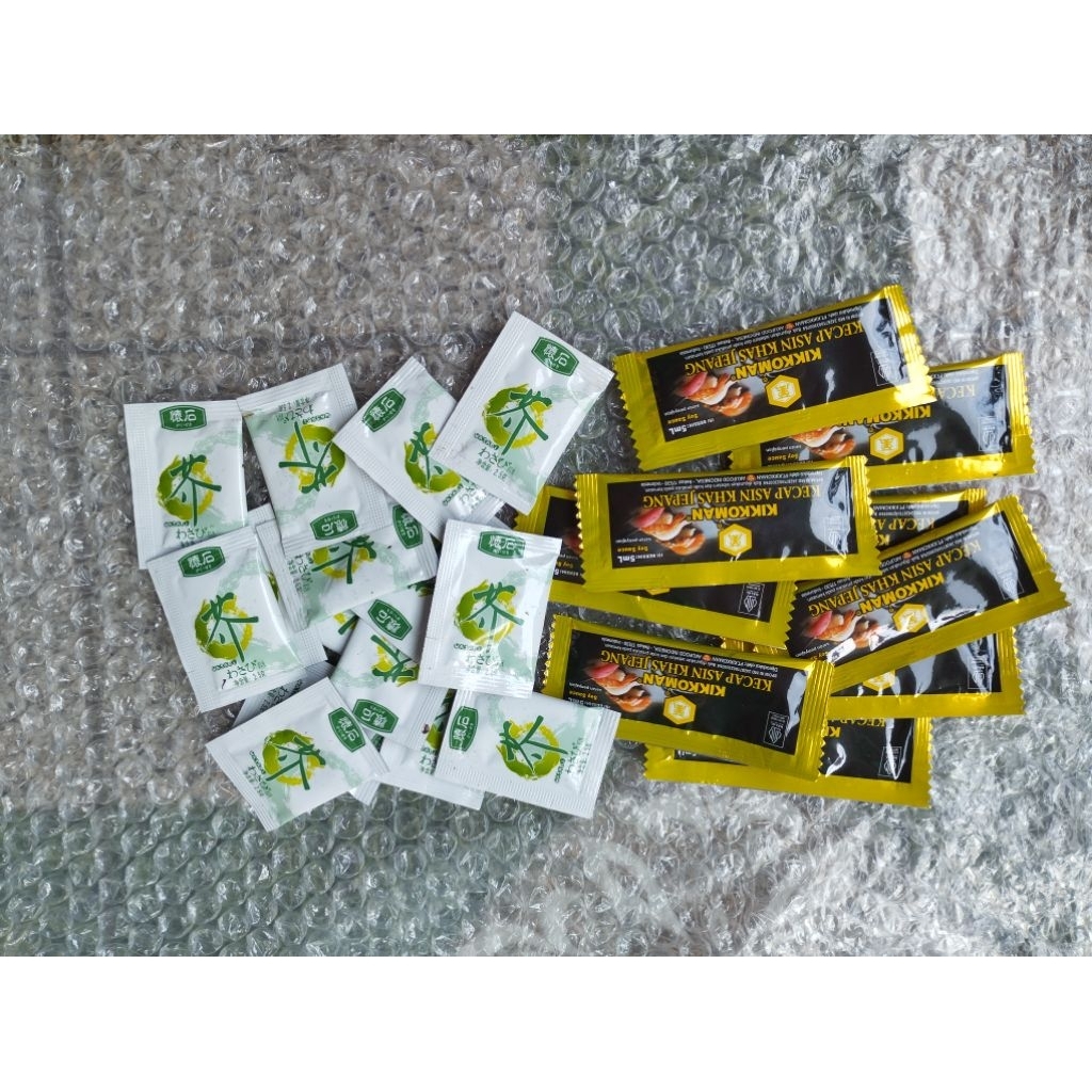 

Pasta Wasabi shoyu kecap asin sachet saset bahan cocolan sushi nori rumput laut soy sauce halal murah topping sushi soyu asin halal termurah promo