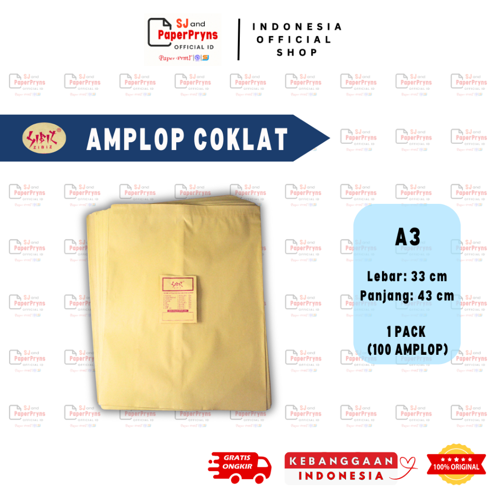 

Amplop Coklat Zibiz – 1 Pack 100 Lembar - A3, Folio, A4, Kuarto, 1/2 Folio, Super Kabinet, Kabinet