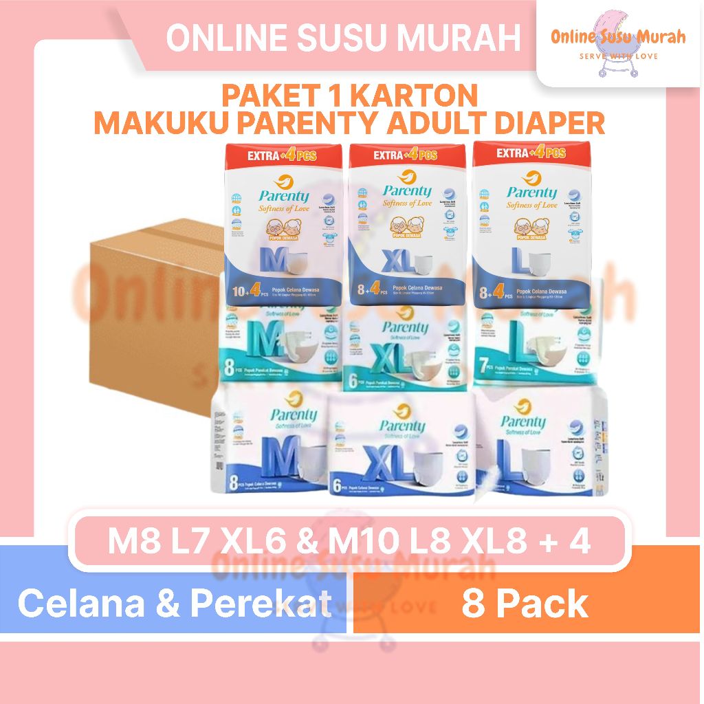 MAKUKU 1 KARTON PARENTY ADULT DIAPERS SOFT PANTS & TAPE M8 L7 XL6  M10 +4 L8 +4 XL8 +4 PPKS