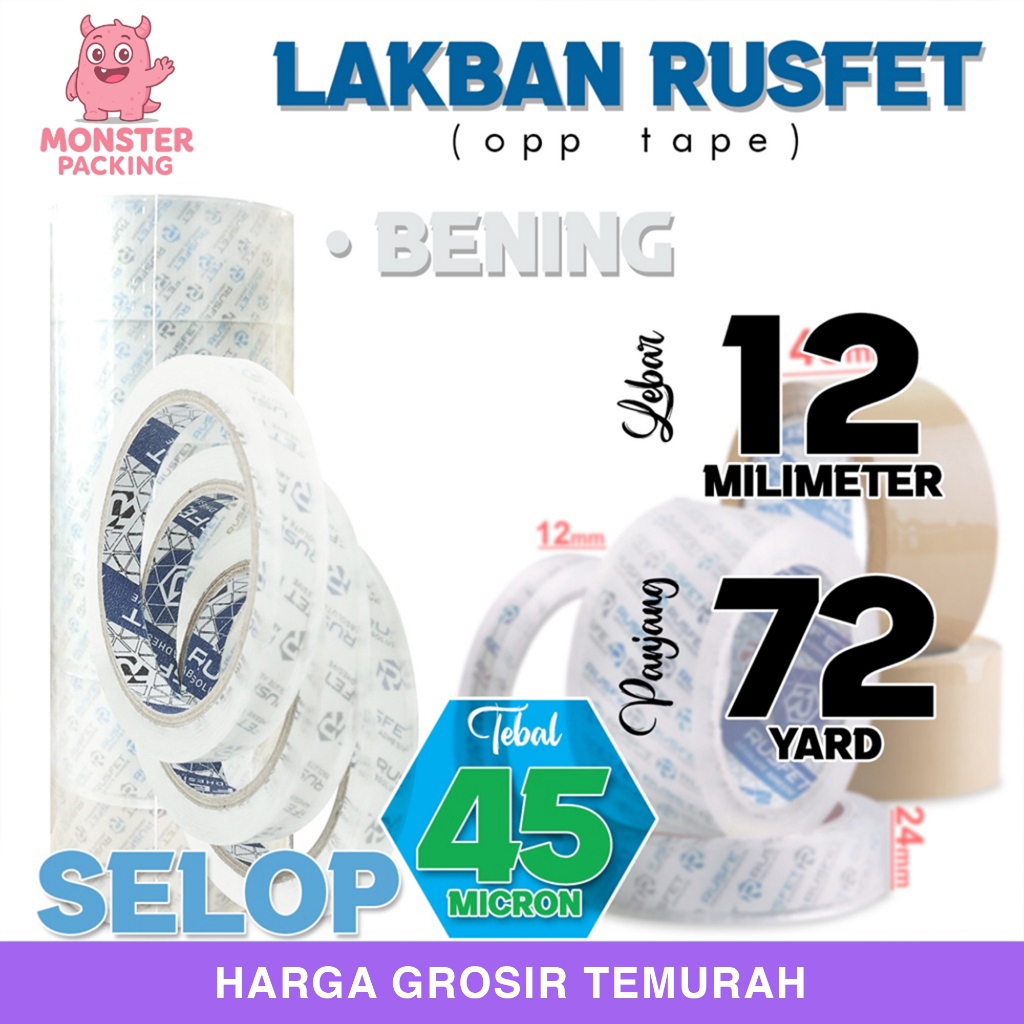 

Lakban RUSFET 12mm x 72yard Isolasi Selotip OPP Tape Plakban Packing PREMIUM / SELOP