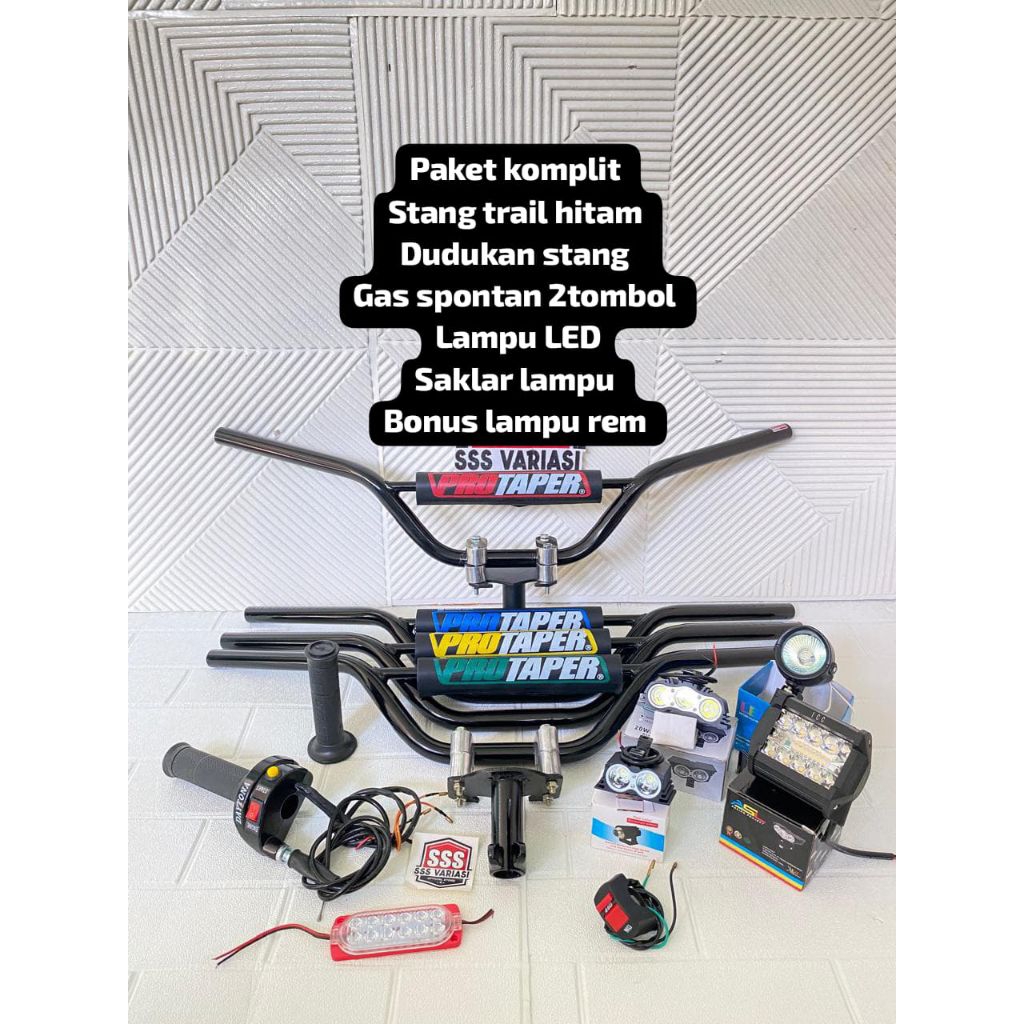 Paket komplit stang trail hitam+dudukan/adaftor stang+gas spontan 2tombol+lampu LED+saklar lampu -bo