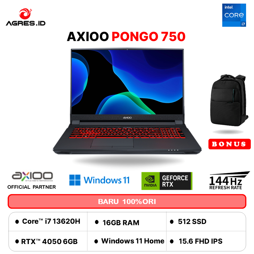 AXIOO PONGO 750 I7 13620H RTX4050 6GB/ 16GB 512GB W11 15.6FHD 144HZ IPS RGB 3Y GRY