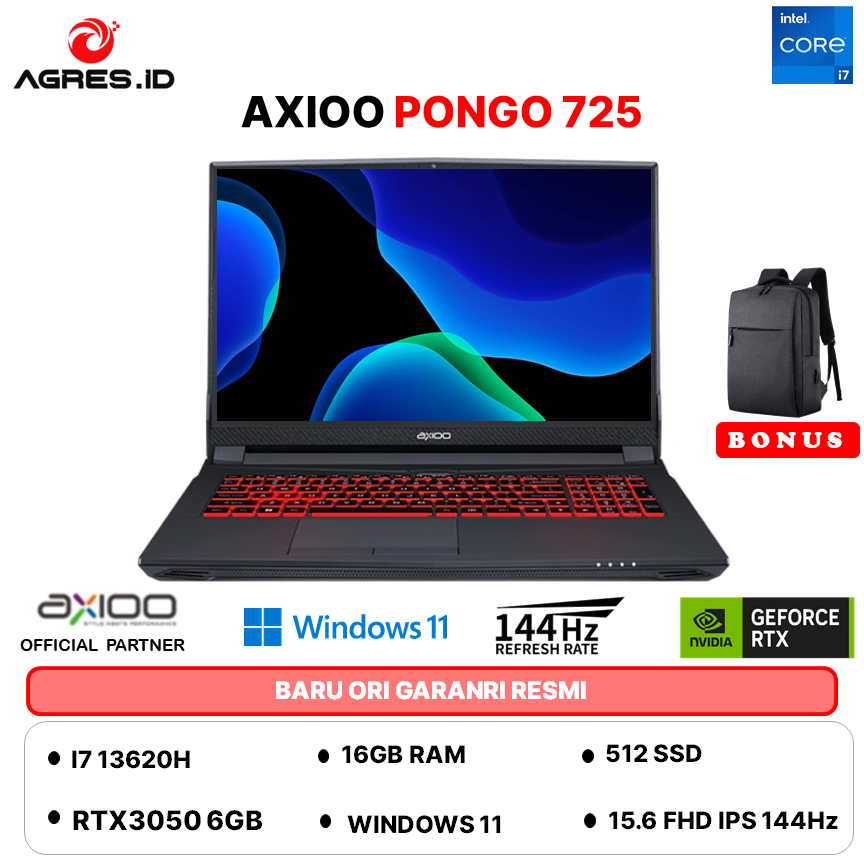AXIOO PONGO 735 I7 13620H RTX3050 6GB/ 16GB 512GB W11+OFFICE PERMANEN 15.6FHD 144HZ IPS RGB 3Y GRY
