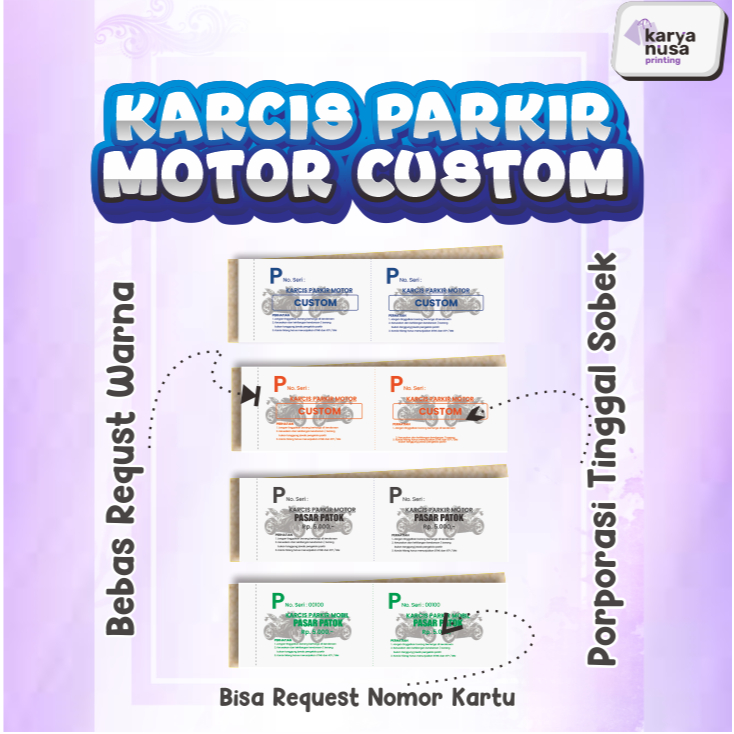 

Karcis Parkir Motor Custom 5x16 cm - Kertas Premium Tidak Mudah Robek Finishing Kissing Mengkilap - Bisa Request Tulisan & Nomor Khusus - Untuk Parkir Motor dan Sepeda Motor - Cetak Full Color HD Warna Tajam - Tanpa Minimal Order Bebas Pesan 1 Lembar Saja