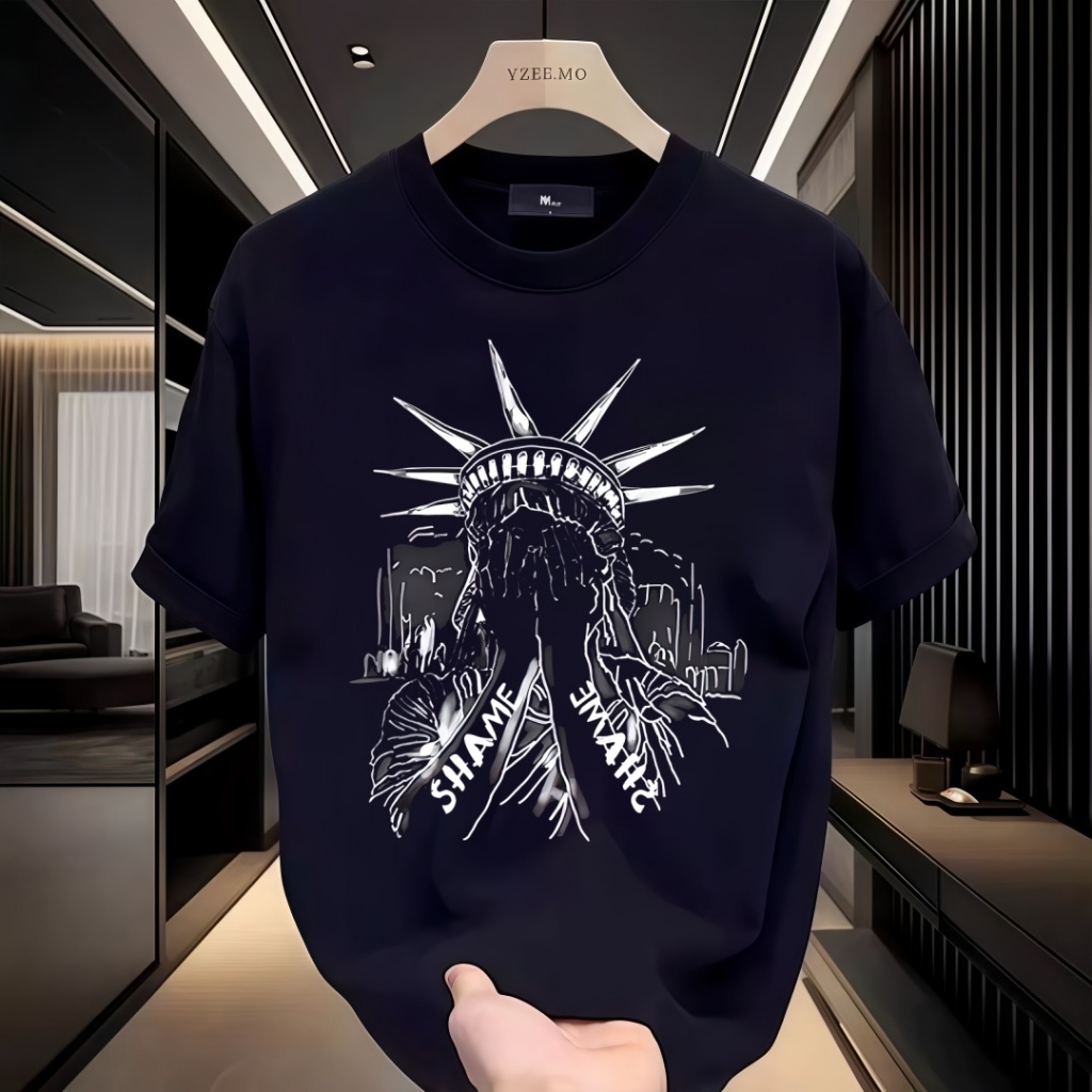 ✨COD✨Kaos katun lengan pendek Amerika dengan cetak Patung Liberty, kerah bulat, unisex baju pasangan