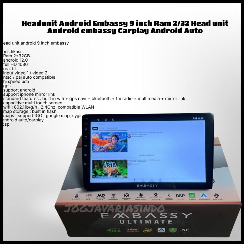 Headunit Android Embassy 9 inch Ram 2/32  Head unit Android embassy Carplay Android Auto
