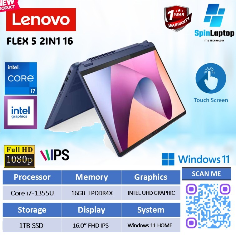 Laptop Lenovo FLEX 5 16 2IN1 Touch Core i7-1355 RAM 16GB SSD 1TB Layar 16.0" FHD IPS
