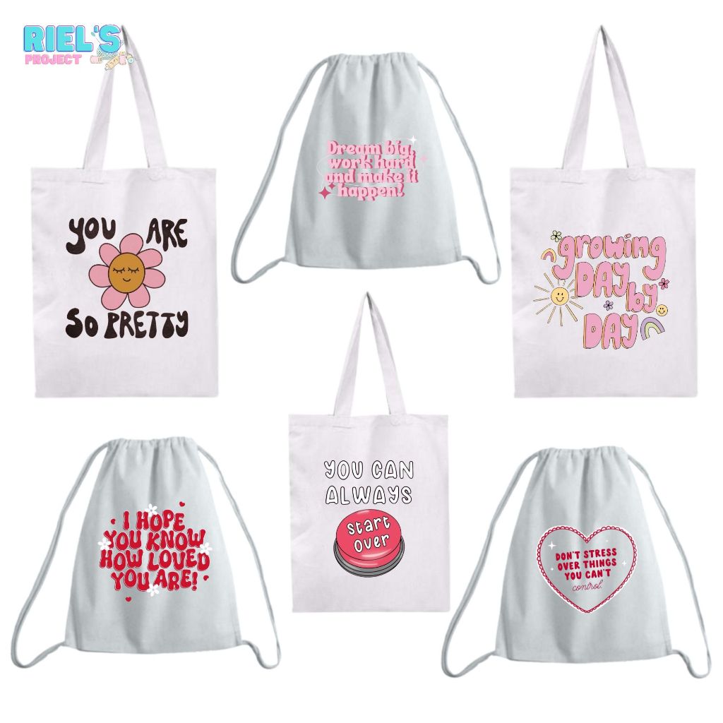 Tote bag , String bag Canvas Resleting Quote Pink Lucu Aesthetic