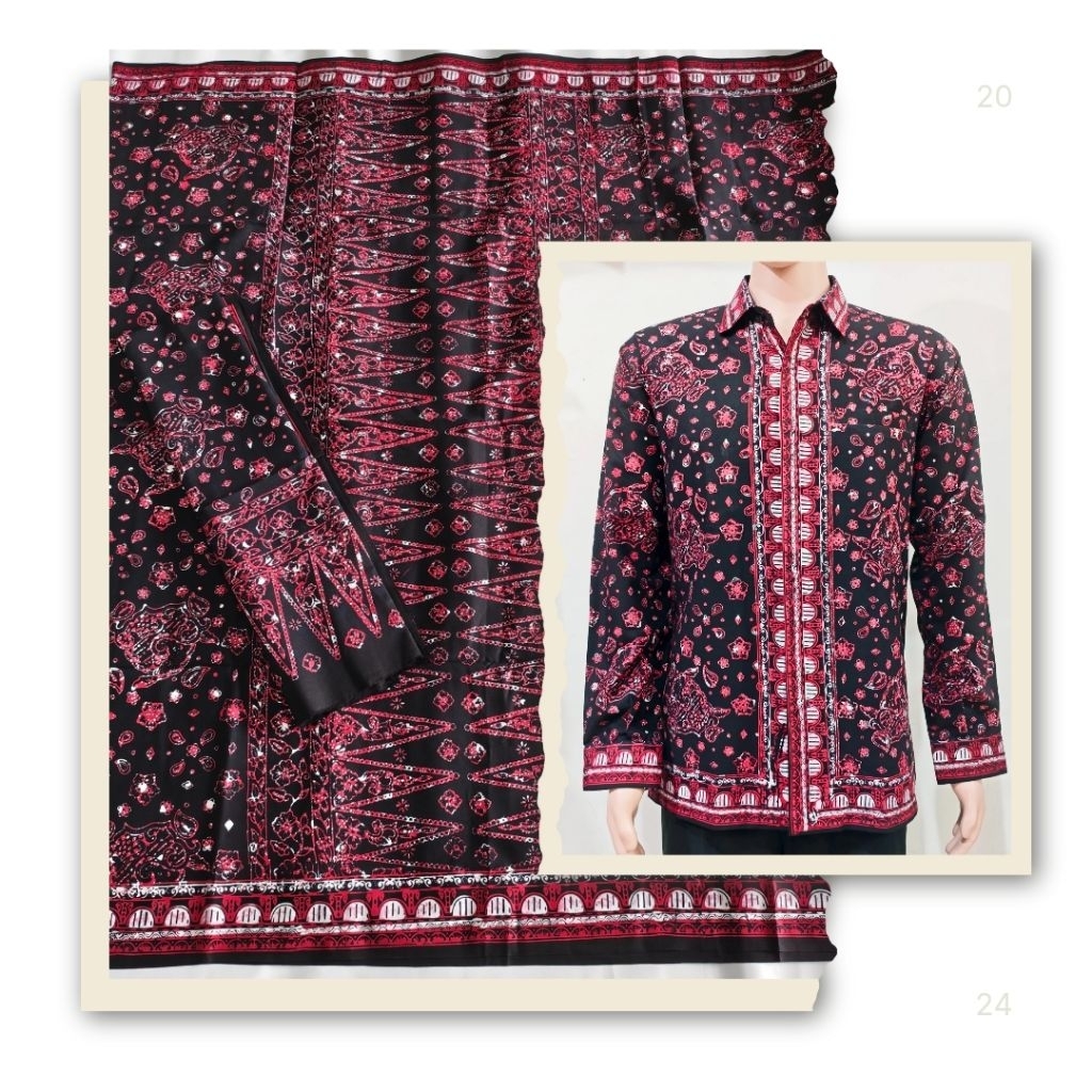 Kemeja dan Set Sarung Selendang batik jambi motif kapal hitam merah (RIA LESTARI) sarimbit tekuluk