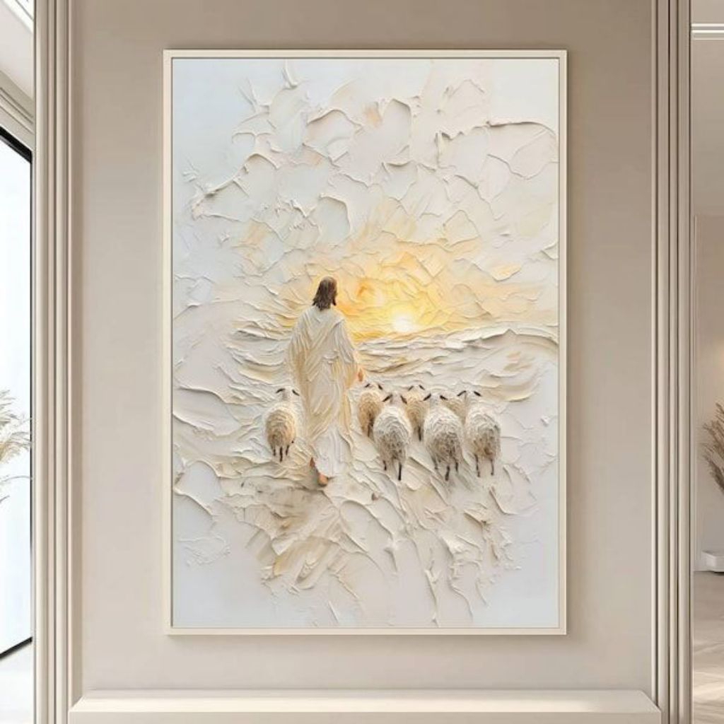 Lukisan Dinding Tuhan Yesus Menggembala Domba Tekstur Timbul