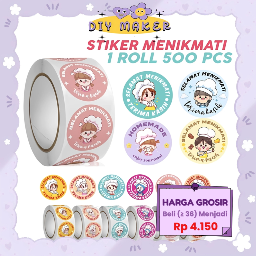 

DM Stiker Roll Isi 500 Pcs Selamat Menikmati Lucu Imut Untuk Tempel Di Box Makanan Plastik Packaging