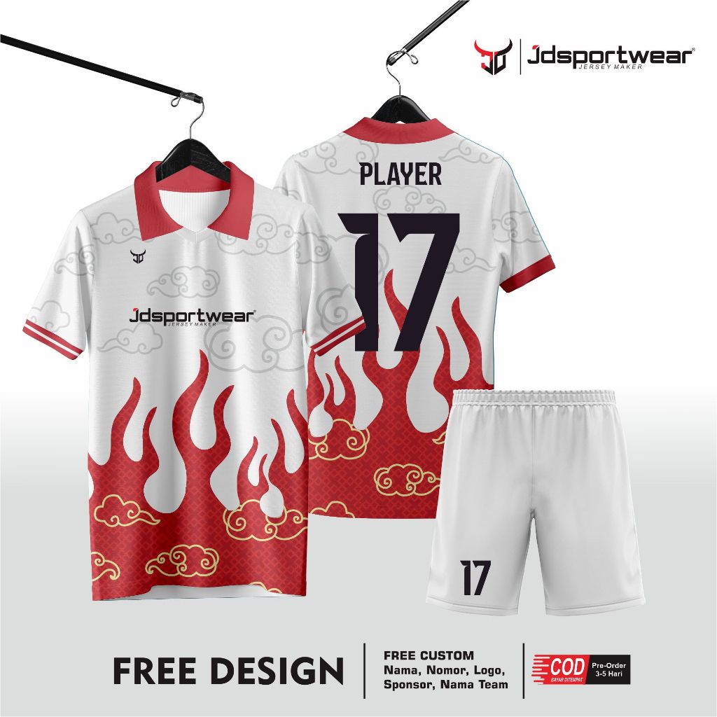 jersey futsal sepakbola minisoker merah putih api full printing custom satuan