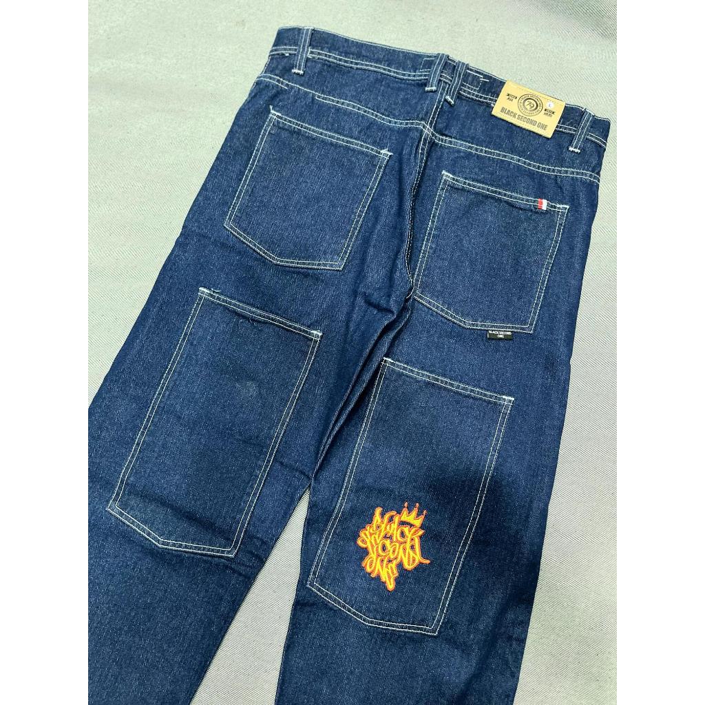 Y2K Denim Big Pocket Jeans Baggy Skena Gombrong 4 Kantong Bordir Selvedge Polos Garmen