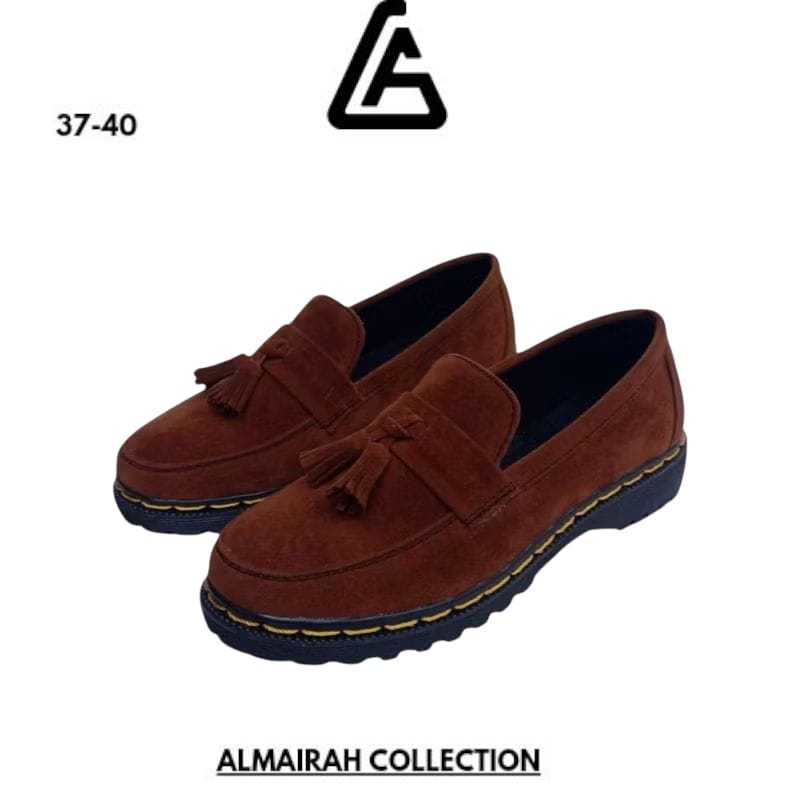 Sepatu Penny Loafers Suede Kulit Casual Pria Wanita Cream