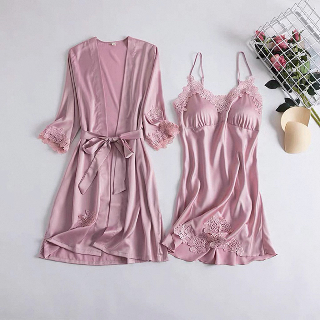 L-034 Kimono One Set Dress+Outer Lingerie Ice Silk Kimono Panjang Baju Tidur Wanita Premium Set