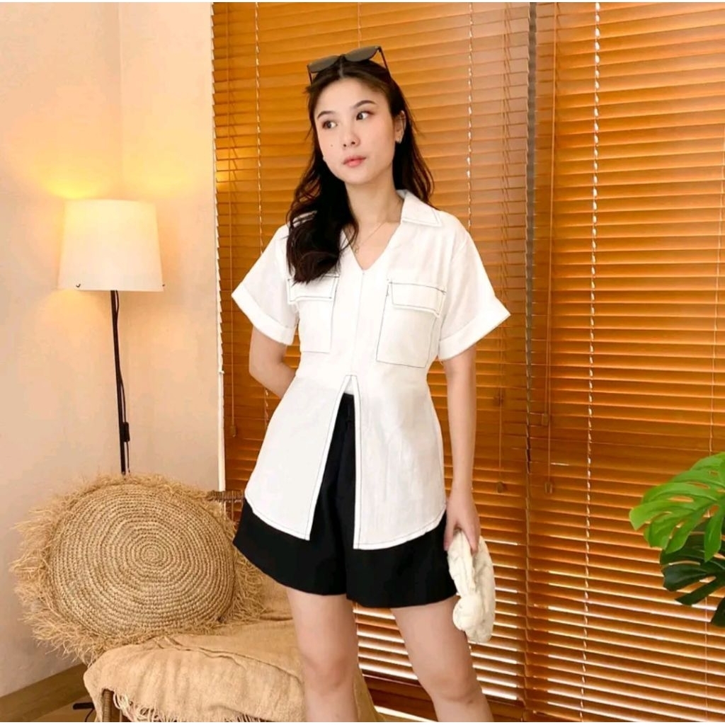 Vivi Slit Shirt Kameja Kantor Wanita Lengan Pendek Linen