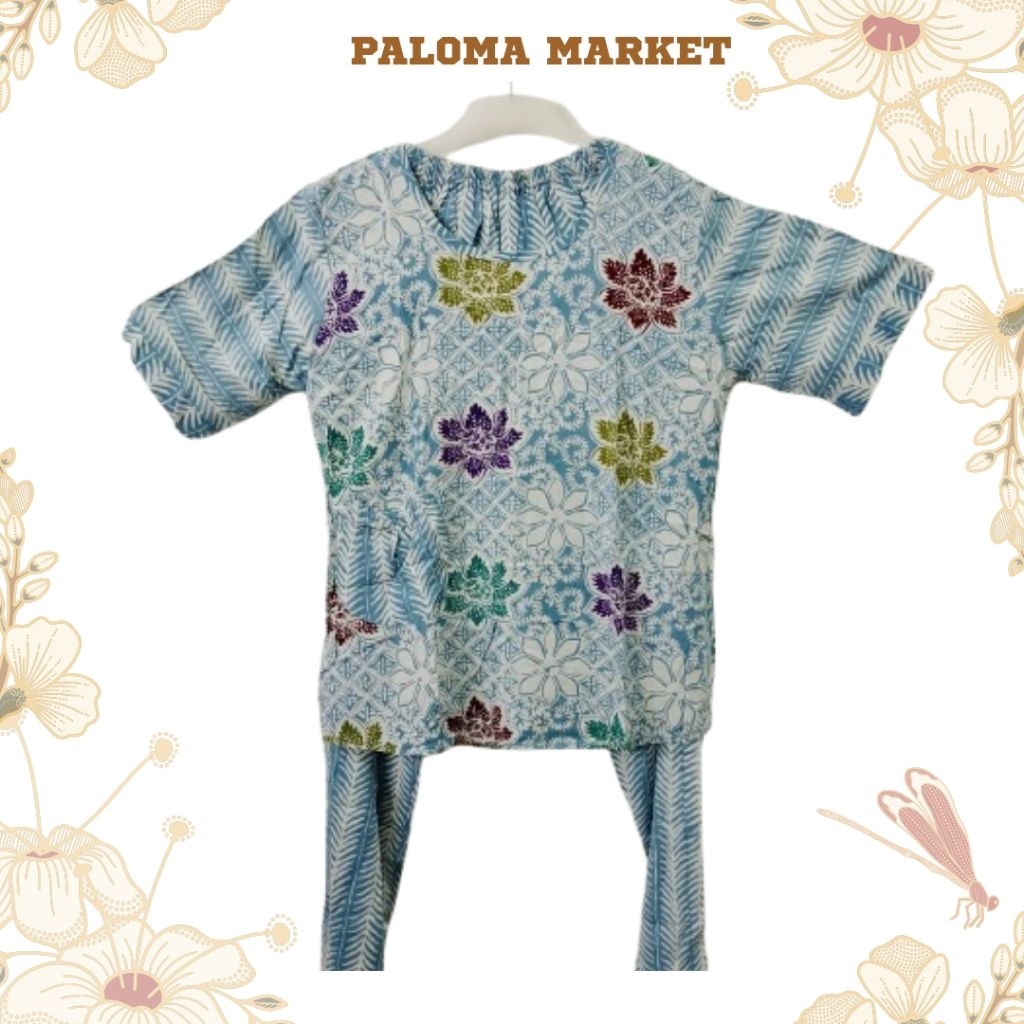 Setelan Batik Wanita Atasan Lengan Pendek dan Celana Motif Bunga Biru