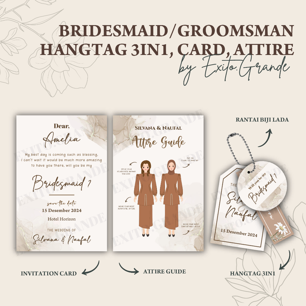Hang Tag 3in1 Bridesmaid/Groomsman Card & Attire Guide / Undangan / Souvenir Pernikahan