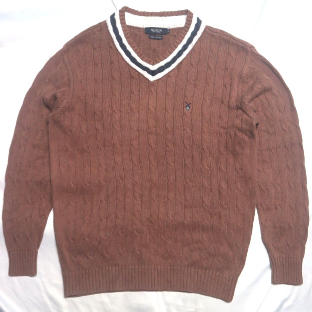 NOTON Vneck Cable Kepang Brown Coklat Academia Katun Knitwear Sweater Sweatshirt Crewneck Rajut Wool