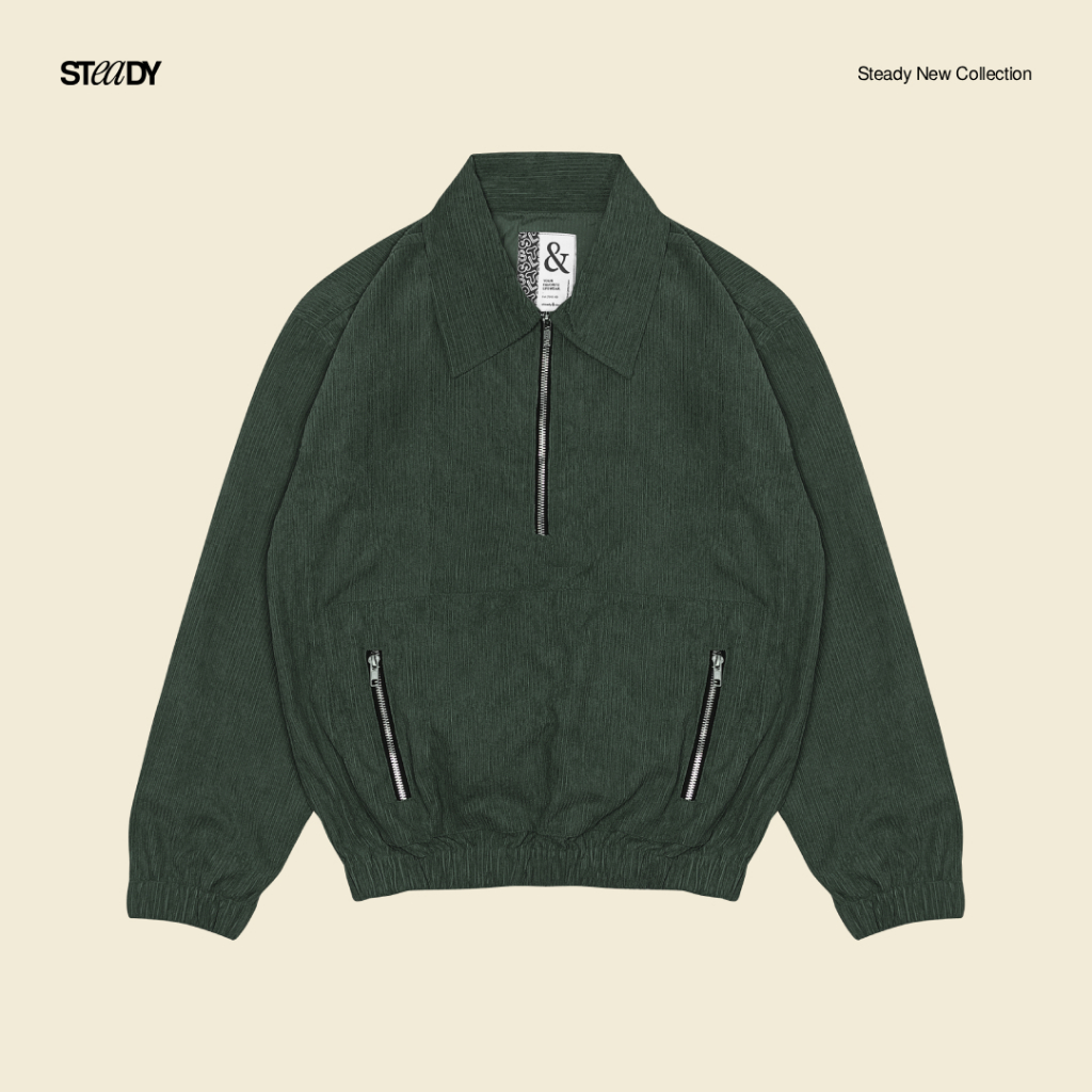 Steady&Slow - Boyle Corduroy Half Zip Jacket Army Green | Pullover Jacket | Corduroy Jacket | Retro 