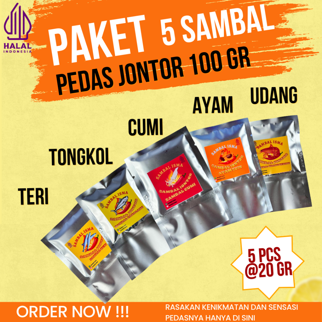 

Paket Termurah 5 pcs Sambal Sachet @ 20 gr Cumi Ayam Tongkol Udang Teri