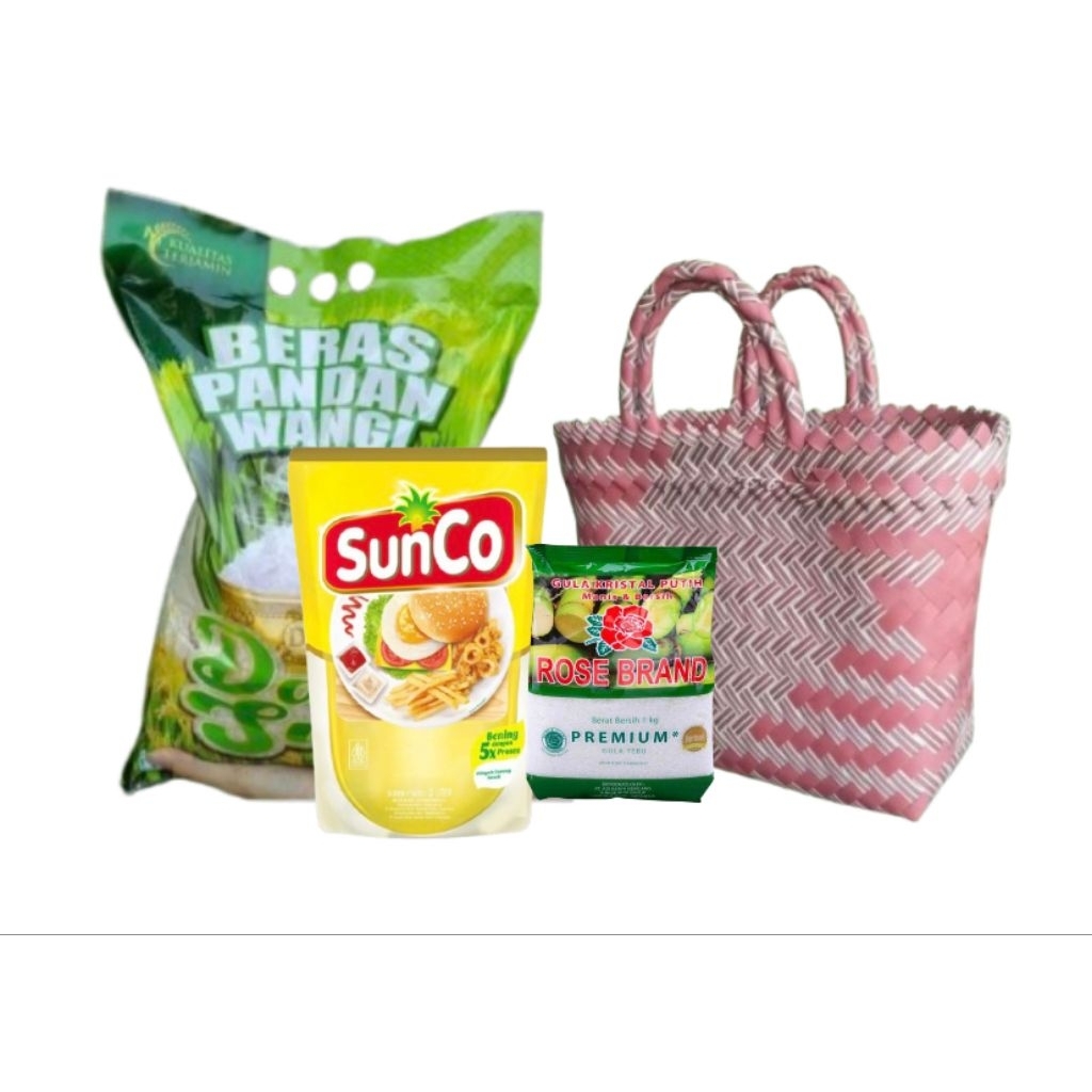 

Paket Sembako Beras 3kg Minyak 2L Gula 1kg Tas Anyaman