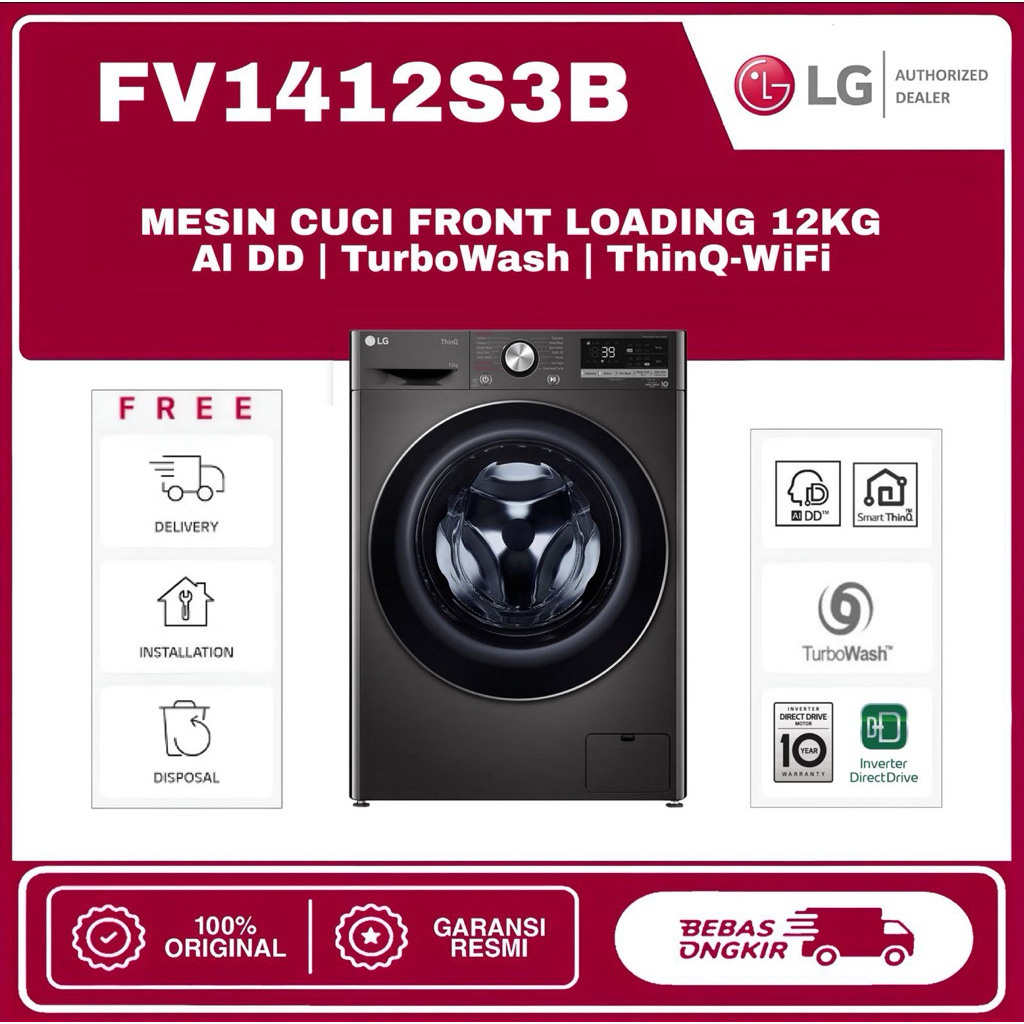 FRONT LOADING LG Kaps 12kg FV1412S3B GARANSI RESMI