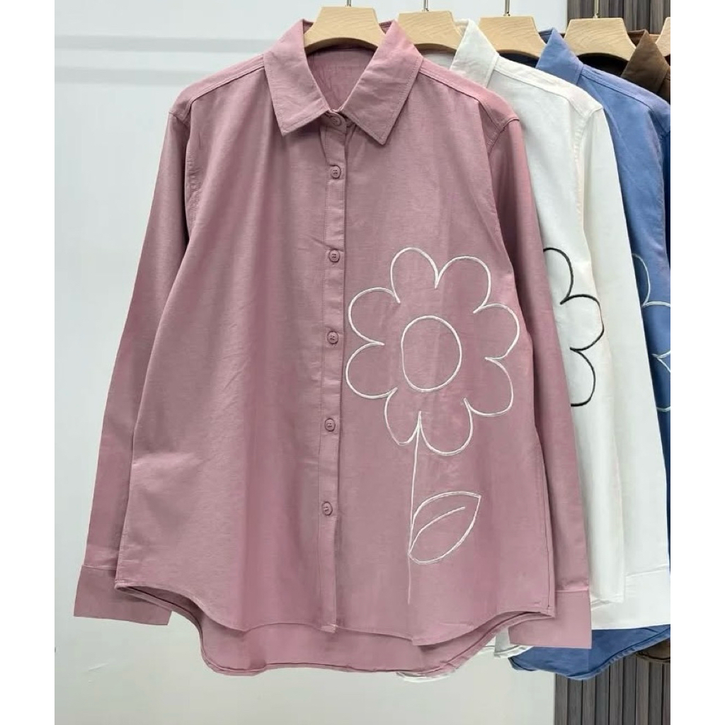 Atasan Kemeja Wanita Casual Daily Motif Bordir Bunga Bahan Rami Tebal Warna Pink Putih Khaki dan Cok