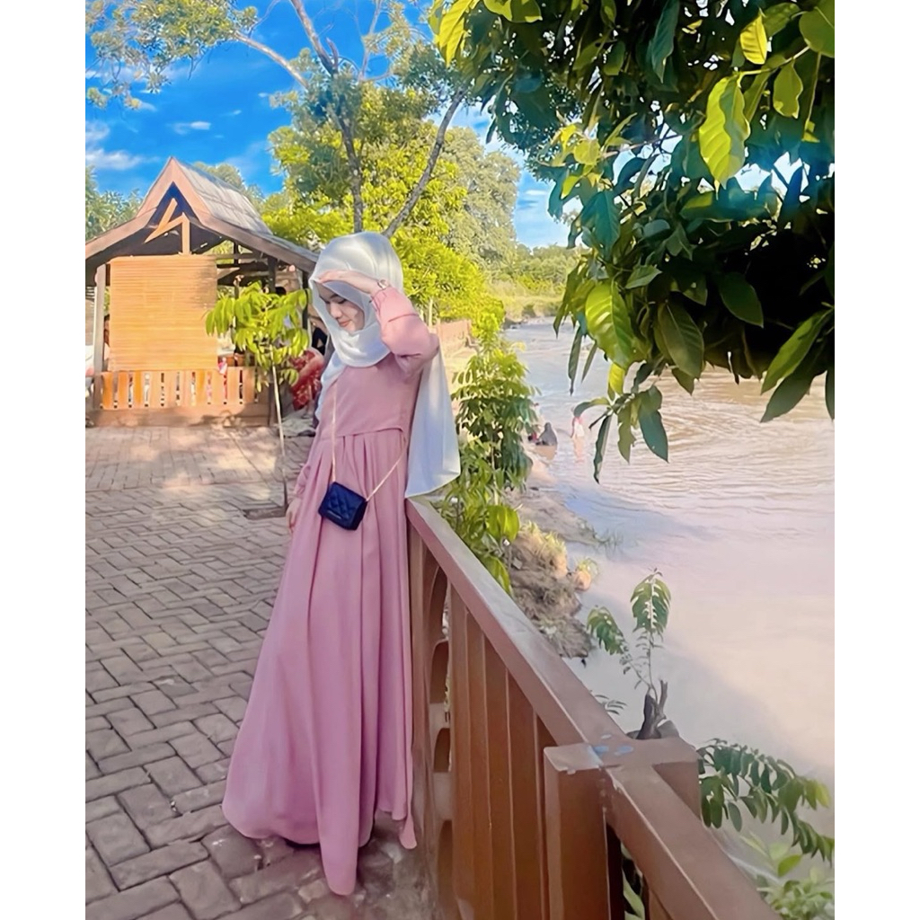 Gamis Panjang Wanita Muslim Dress Hijab Warna Pink Simple Elegan
