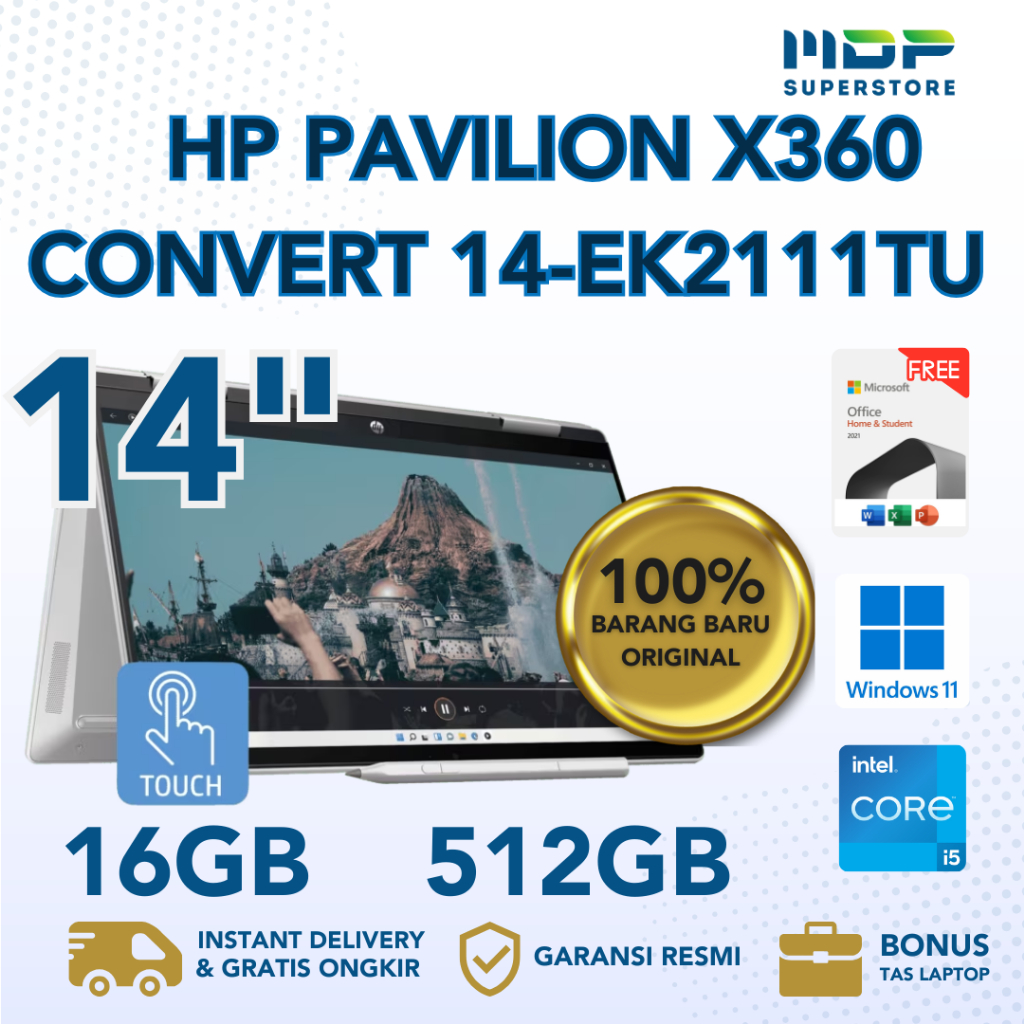 LAPTOP HP PAVILION X360 CONVERT 14-EK2111TU (SILVER)  INTEL CORE 5 16/512GB ON BOARD 512GB INTEL INT