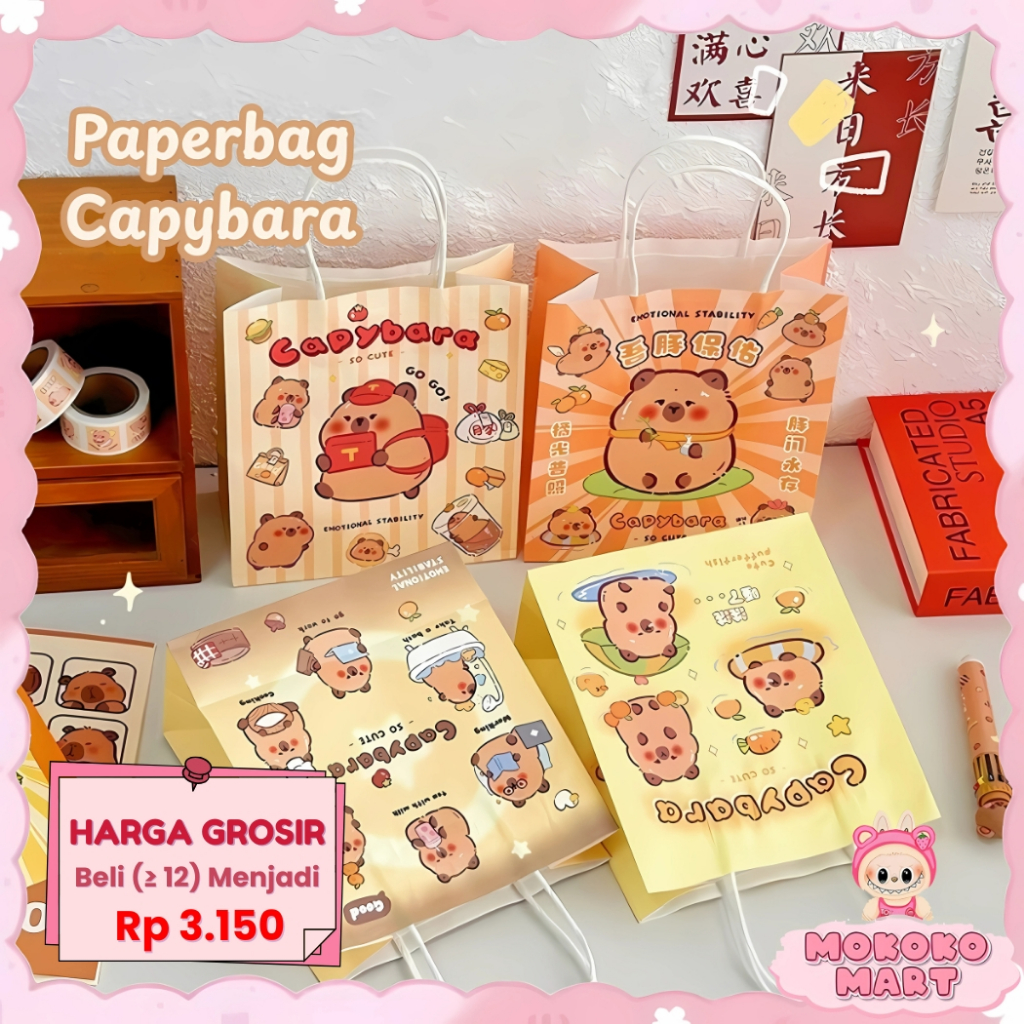 

MM Paper Bag Tas Kado Hadiah Kartun Lucu Goddie Bag Motif Capybara Tas Jinjing Hampers Bingkisan