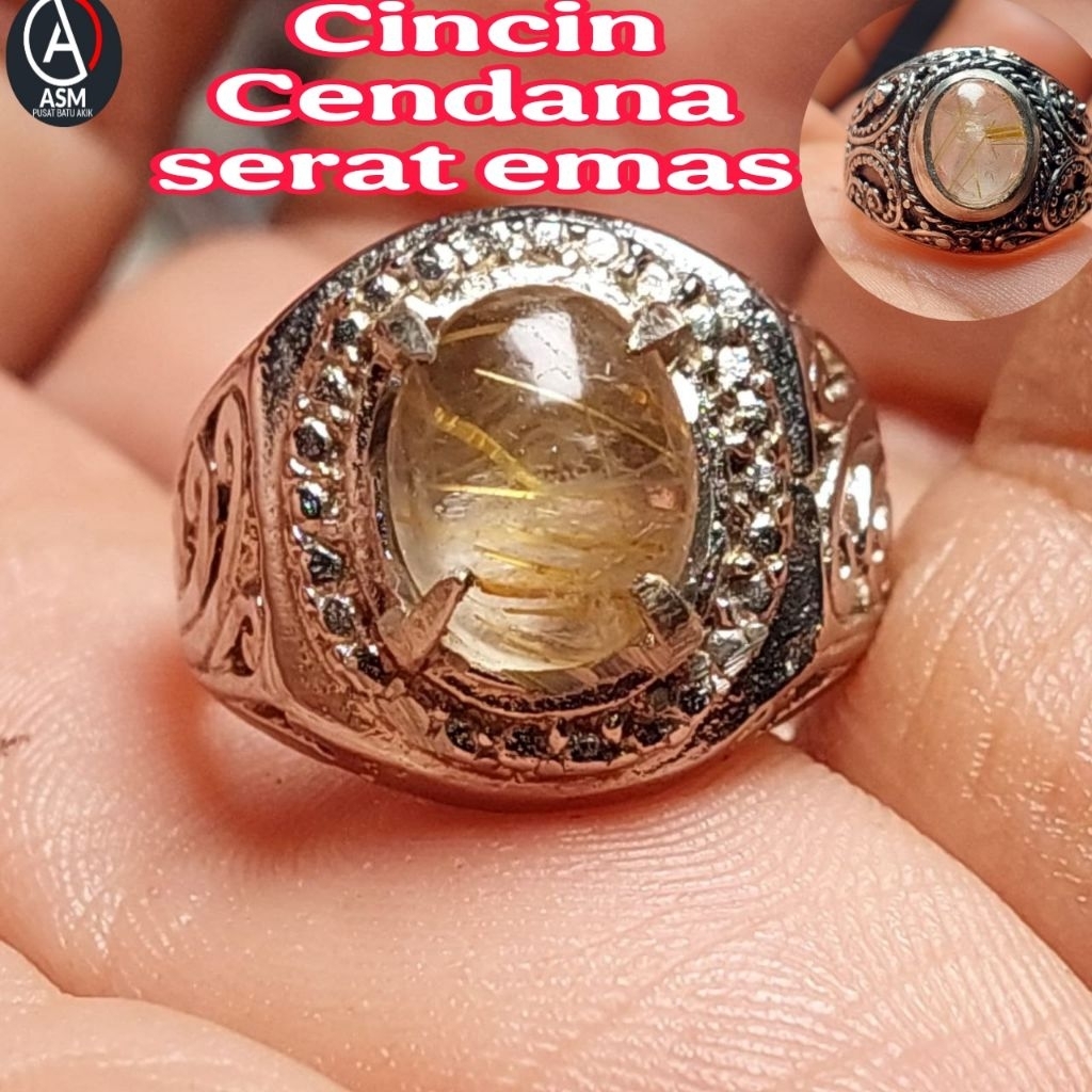 Cincin batu cendana serat emas 8/9/10mm kecubung rambut emas rutile